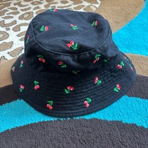 Urban Outfitters Black Bucket Hat with Cherry Design